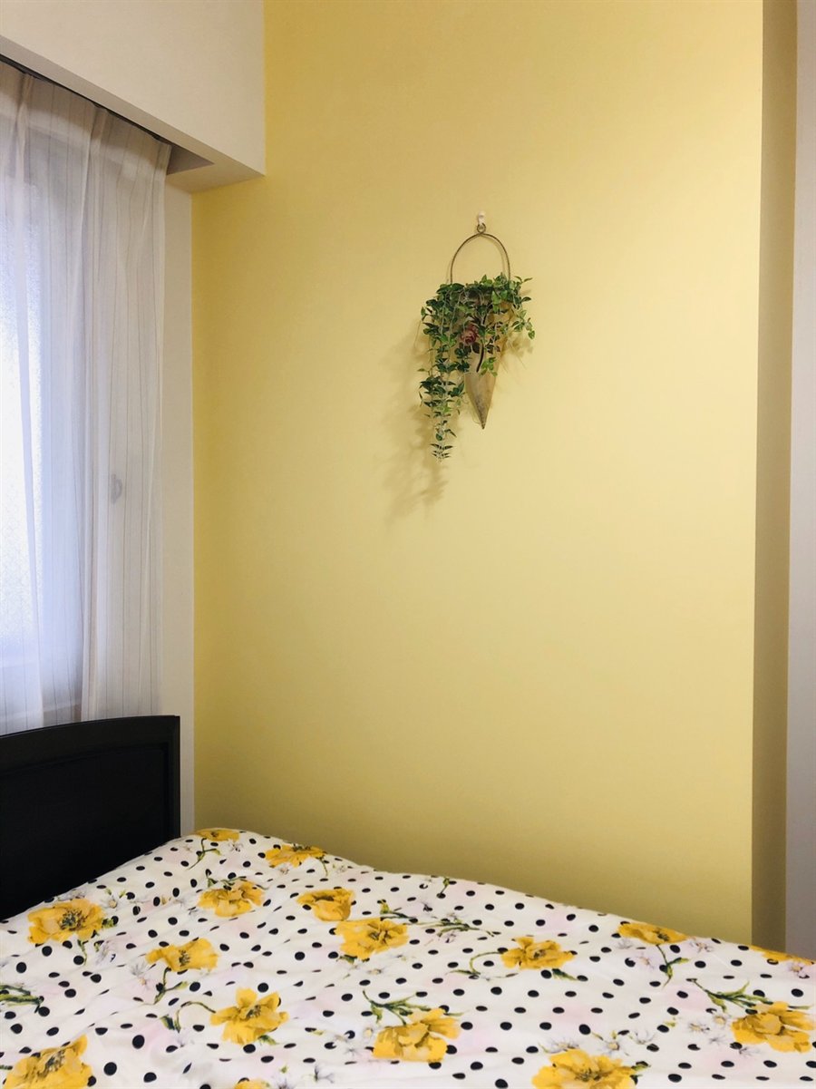Yellow を塗った寝室のアクセントウォール